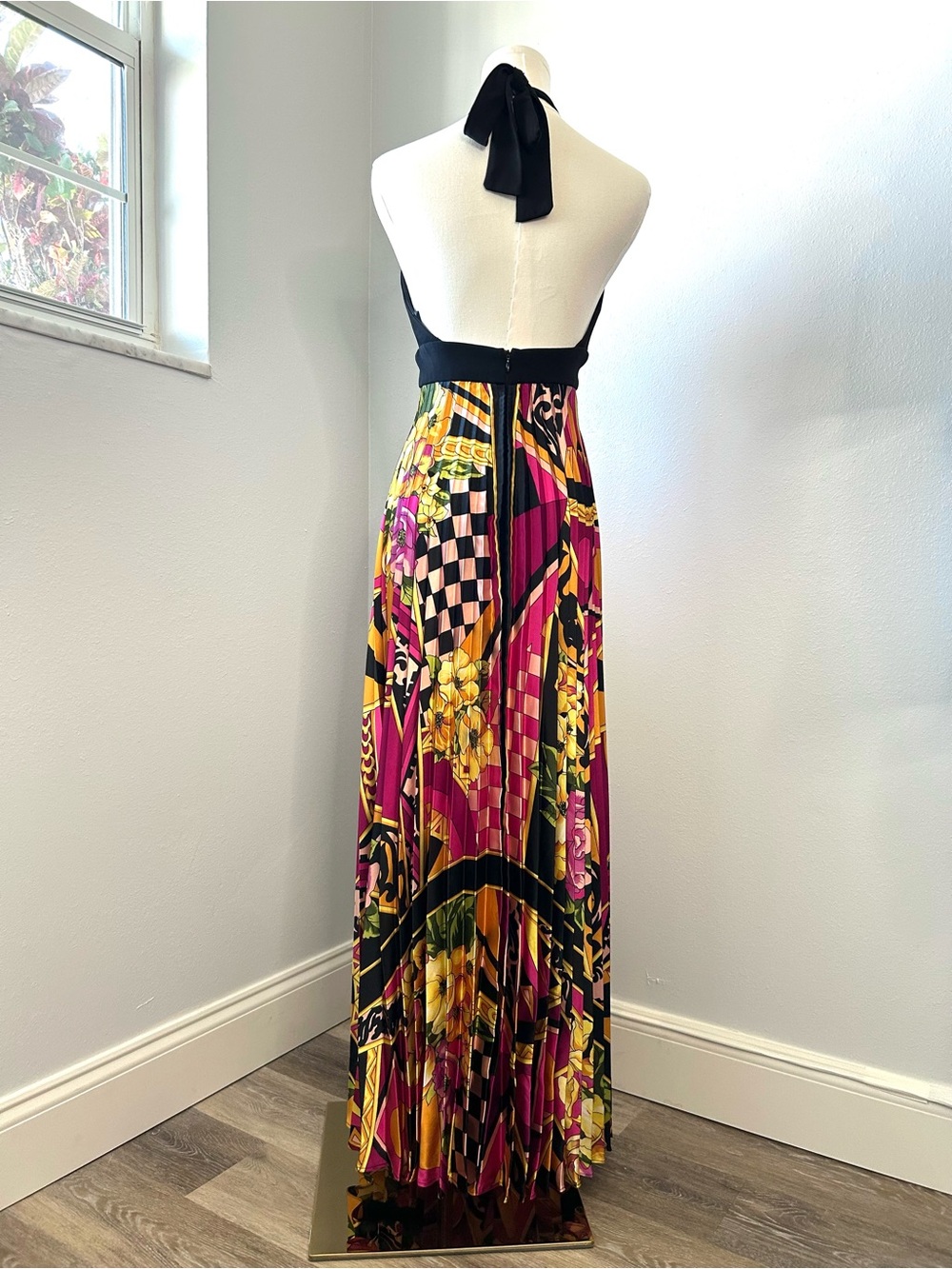 Cache Vintage Y2K Black Pink Satin Pleated Scarf Print Halter Maxi Dress Small - Picture 3 of 8